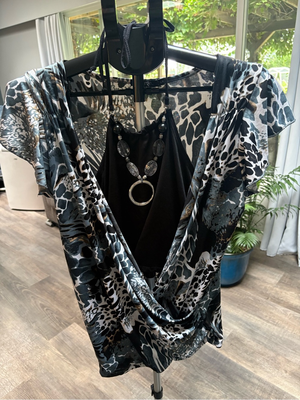 George Black & Gray Animal-Print Drape Front Blouse
